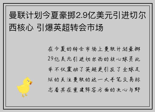 曼联计划今夏豪掷2.9亿美元引进切尔西核心 引爆英超转会市场